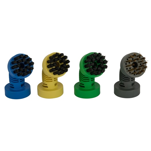 BLACKDECKER FSMH21A set of four colored round brush heads, blue, yellow, green, and gray, side angle.
