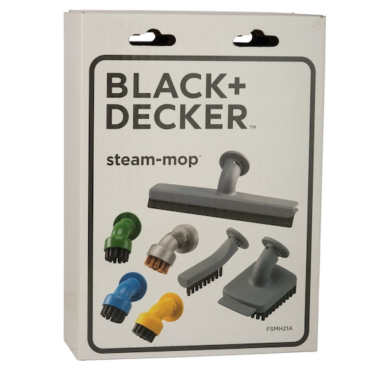 BLACK+DECKER FSMH21A steam-mop accessory set retail box, featuring multiple cleaning brush attachments, front angle.