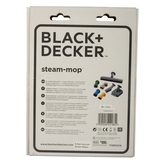 BLACK+DECKER steam-mop FSMH21A pack rear view with accessory images and multi-language details.