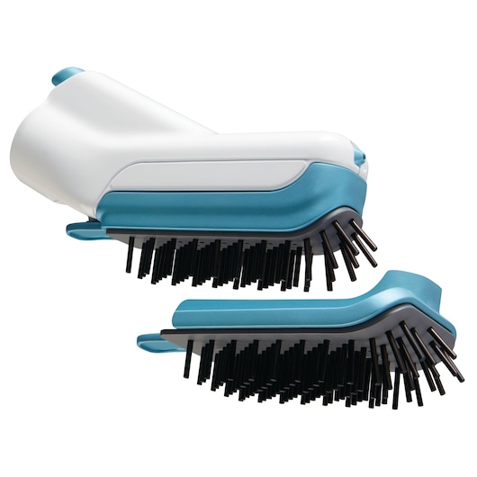 Close-up image of two BLACK+DECKER FSMHSS steam mop brush attachments, featuring white and blue plastic bodies with black bristles, designed for floor cleaning.