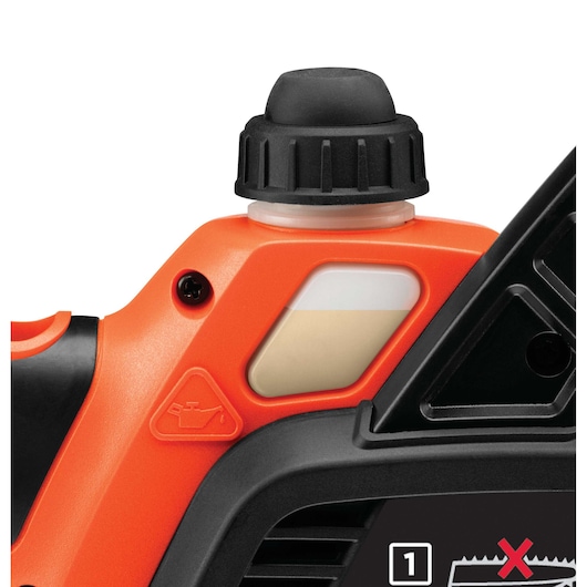 BLACKDECKER GKC1825L20 oil reservoir close-up, orange and black chainsaw part, white background.