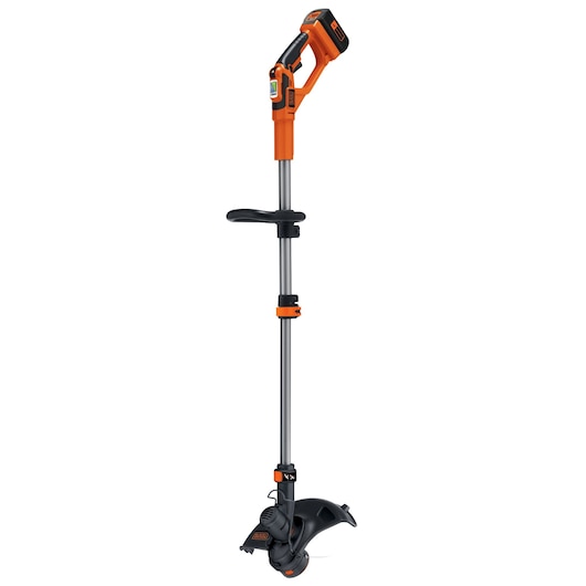 A BLACK+DECKER cordless grass trimmer with an orange and black body, featuring an adjustable handle and shaft.