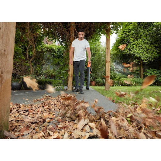 Photo of person using BLACKDECKER GWC3600L20 leaf blower clearing dry leaves on a garden path.