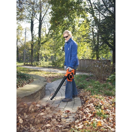 Photo of BLACKDECKER GWC3600L20 cordless leaf blower in use on garden path.