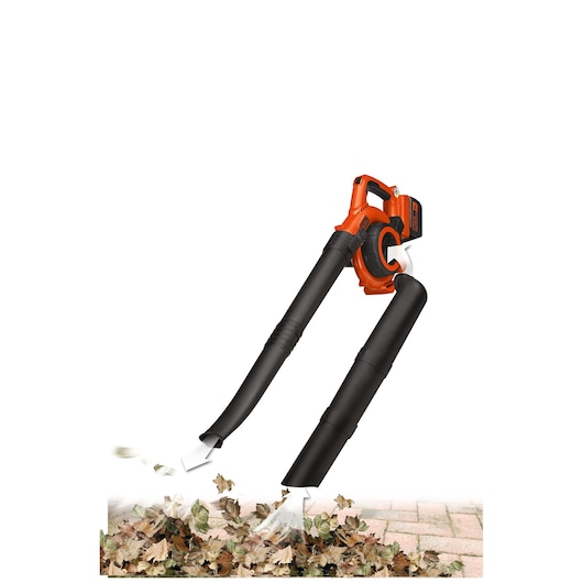 BLACKDECKER GWC3600L20 cordless leaf blower and vacuum front angle, black and orange, clearing leaves.