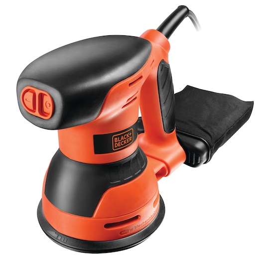 A BLACK+DECKER electric random orbital sander with an orange and black design, featuring a dust collection bag attached to the rear.