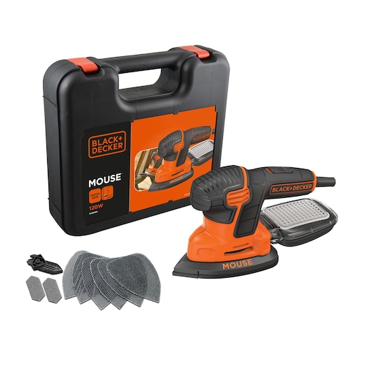 BLACK+DECKER Mouse 120W sander kit, including an orange and black compact sander, multiple sanding pads, and a black carrying case with an orange label.