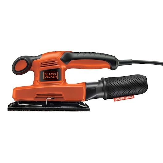 BLACK+DECKER KA274EKA orange and black electric sander with dust bag, side view on white background.