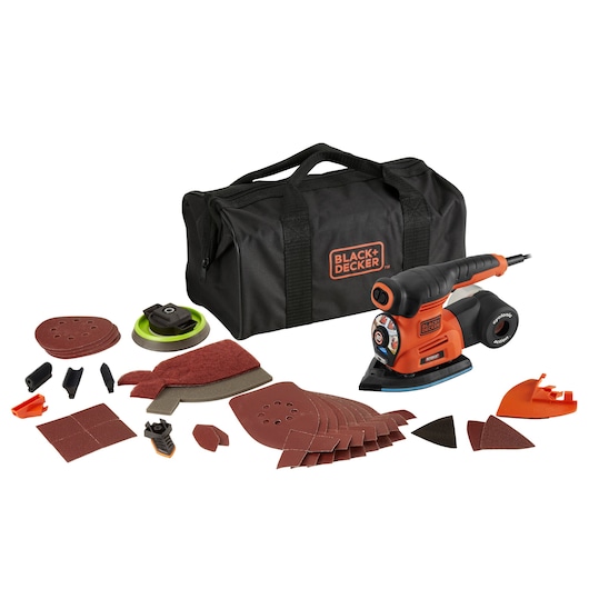A BLACK+DECKER multi-function sander kit including an orange and black electric sander, various sanding pads and attachments, and a black carrying bag with the BLACK+DECKER logo.