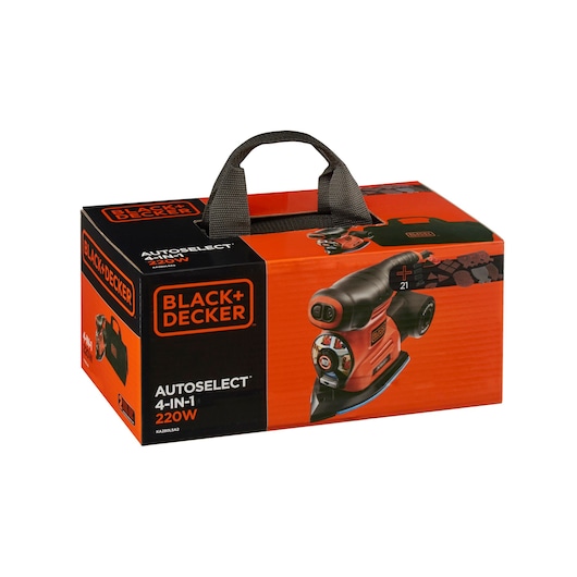 BLACK+DECKER KA280LSA2 4-in-1 sander packaging with carrying handle, orange and black box, front angle.