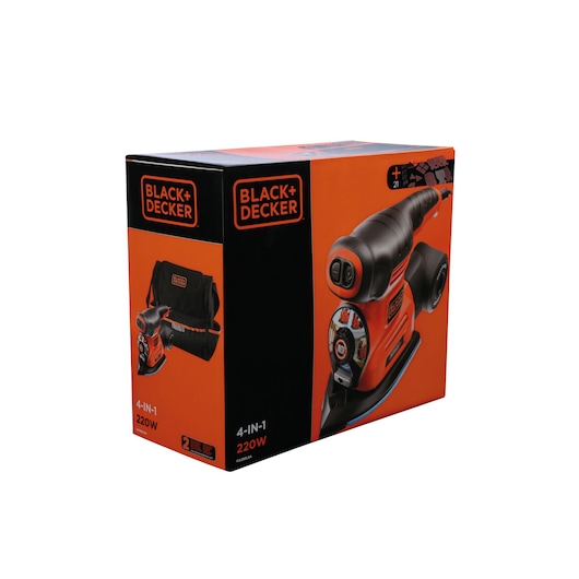 Photo of BLACK+DECKER KA280LSA 4-in-1 220W sander box, orange and black packaging, front left angle.