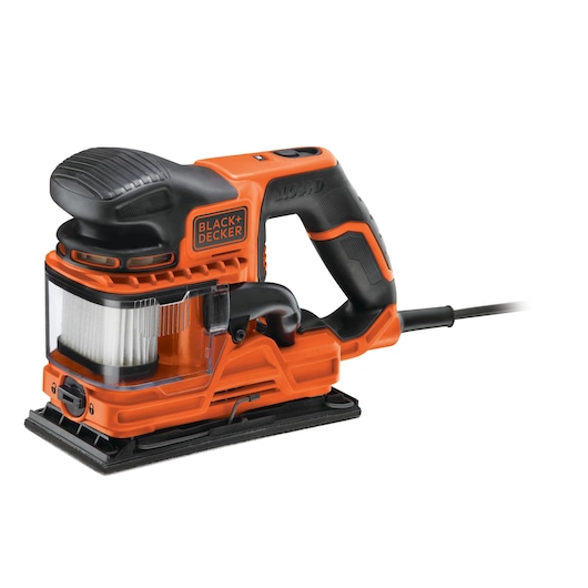 A BLACK+DECKER KA330E electric sander with an orange and black design, featuring a dust collection container, shown from a side angle on a white background.
