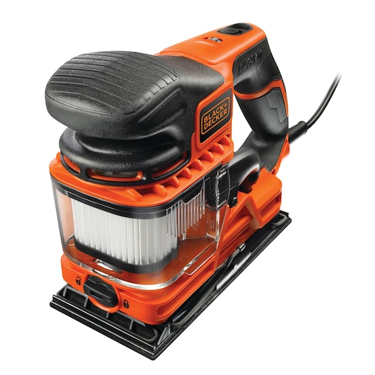 A BLACK+DECKER KA330E electric sander with an ergonomic handle, dust filter, and orange and black design, shown on a white background.