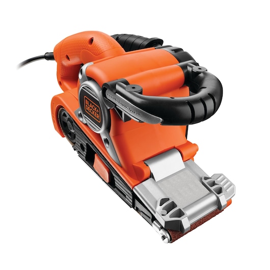 Close-up image of a BLACK+DECKER KA88 electric belt sander, featuring an orange and black color design with a prominent handle and sanding belt.