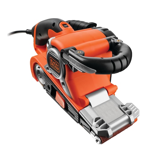 A BLACK+DECKER electric belt sander in orange and black, shown at an angle with visible sanding belt and ergonomic handle.