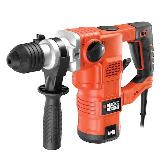 A BLACK+DECKER KD1250K corded rotary hammer drill with an orange and black design and side handle.