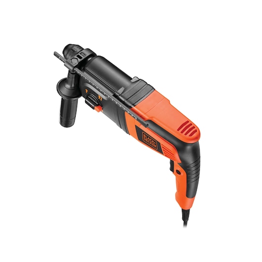 A BLACK+DECKER corded rotary hammer drill with a side handle, shown in black and orange colors on a white background.