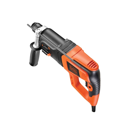 A BLACK+DECKER branded orange and black rotary hammer drill with a side handle and depth gauge, photographed on a white background.