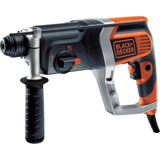 BLACK+DECKER electric power drill with side handle, black and orange design.