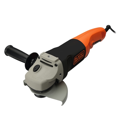A BLACK+DECKER electric angle grinder with an orange and black body, featuring a side handle and protective guard around the grinding disc.