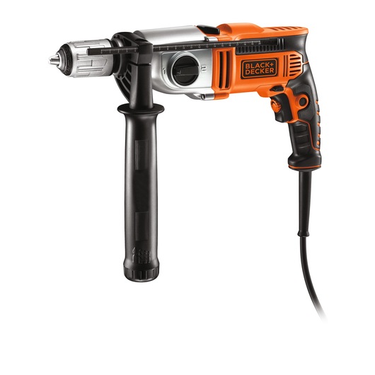 A BLACK+DECKER corded electric drill with a side handle, featuring orange and black colors and a visible depth gauge.