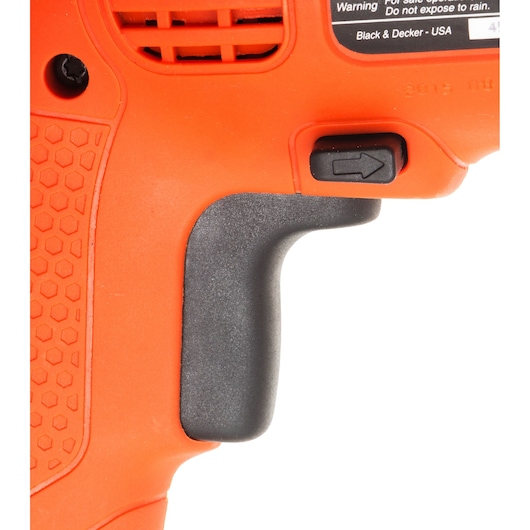 BLACKDECKER KR504RE-IN electric drill handle close-up, orange and black grip, white background.