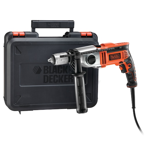 BLACKDECKER KR7532K electric drill with side handle and black storage case, front angle on white background.