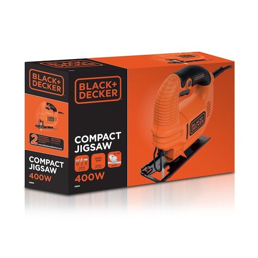 Photo of BLACK+DECKER KS501-B9 compact jigsaw 400W in orange and black, retail box packaging, front angle.