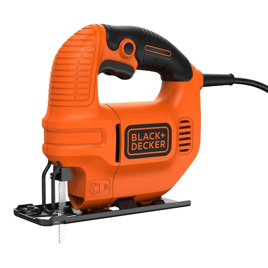 BLACK+DECKER KS501 corded jigsaw, orange body, black handle, front angle, white background