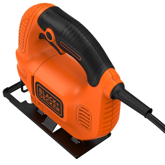 BLACKDECKER KS501 orange and black jigsaw side angle, ergonomic handle, corded power tool.