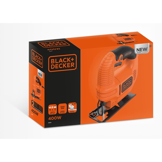 Photo of BLACKDECKER jigsaw KS501 packaging, orange and black box with product features, front angle.