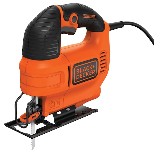 BLACK+DECKER KS701E orange corded jigsaw, side angle, with black grip and variable speed feature.