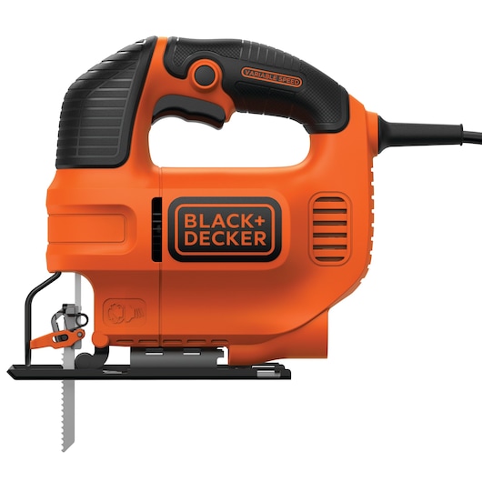 BLACK+DECKER KS701E orange corded jigsaw, side angle, black handle, variable speed, visible blade.