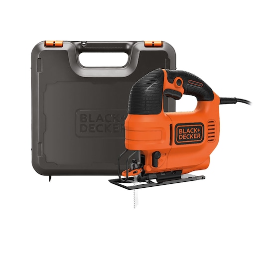 BLACK+DECKER orange and black electric jigsaw placed in front of a black carrying case.