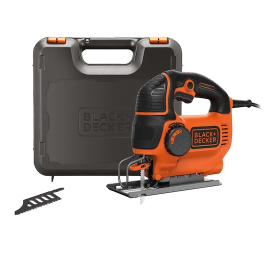 A BLACK+DECKER electric jigsaw with an orange and black design is shown in front of a sturdy storage case. A spare saw blade is placed next to the jigsaw.