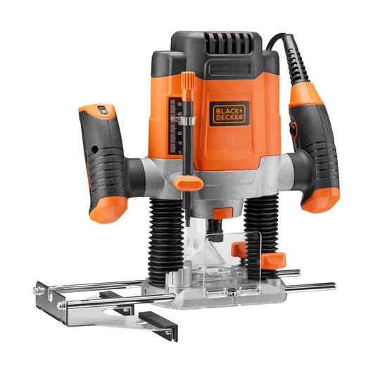 BLACK+DECKER KW1200EKA plunge router with orange and black casing, adjustable depth gauge, ergonomic handles, and metal guide rails.