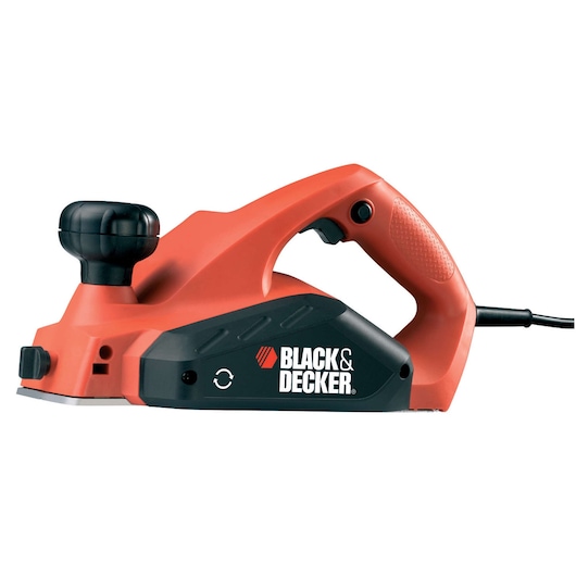 A BLACK+DECKER electric hand planer in orange and black color, shown from the side against a white background.