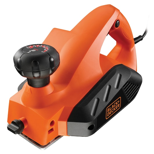 BLACK+DECKER KW712 orange electric planer, front angle, black grip and adjustment knob visible.