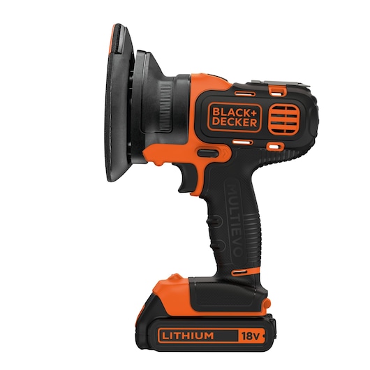 BLACK+DECKER MTSA2 orange and black cordless sander, 18V lithium, side angle, white background.
