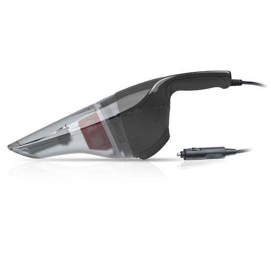 BLACKDECKER NV1200AV handheld car vacuum, black and clear plastic, side view, attached power cord.