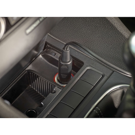 BLACKDECKER NV1200AV car vacuum power plug in car socket, close-up angle.