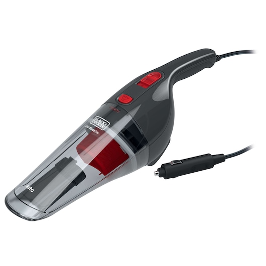 BLACKDECKER NV1210AV handheld vacuum, black and red, side angle, car adapter plug visible.