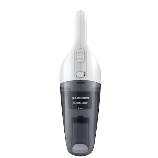 Front view of a BLACK+DECKER handheld cordless vacuum cleaner, model NV2420N, with a white and dark transparent gray design. The device is branded as 'dustbuster' on the body.