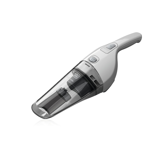 A BLACK+DECKER handheld cordless vacuum cleaner, model NVB215WAN, shown on a white background. The vacuum has a transparent dust container and a light grey body.