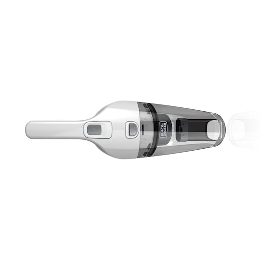 A BLACK+DECKER handheld vacuum cleaner with a white and black design, shown from the top view on a white background.