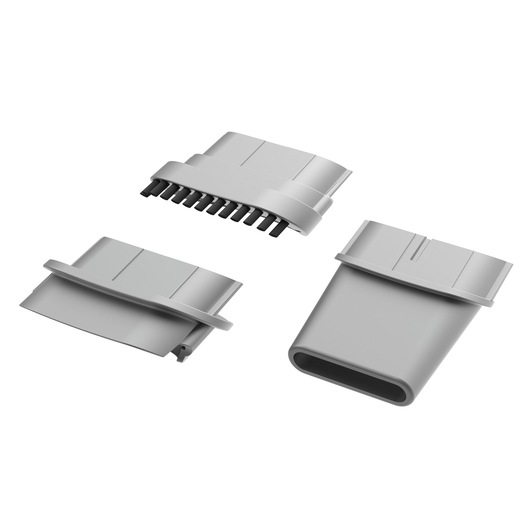 Three grey photography accessories, including a brush attachment, a flat nozzle, and an oval nozzle, displayed against a white background.