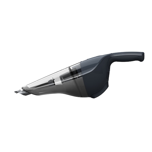 A BLACK+DECKER handheld vacuum cleaner, model NVB215WA, with a transparent dust container and dark grey body, shown on a white background.