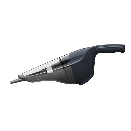 A handheld cordless vacuum cleaner in dark gray and transparent material, shown in profile view.