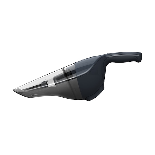 A BLACK+DECKER handheld vacuum cleaner with a dark gray and transparent design, shown from the side against a white background.
