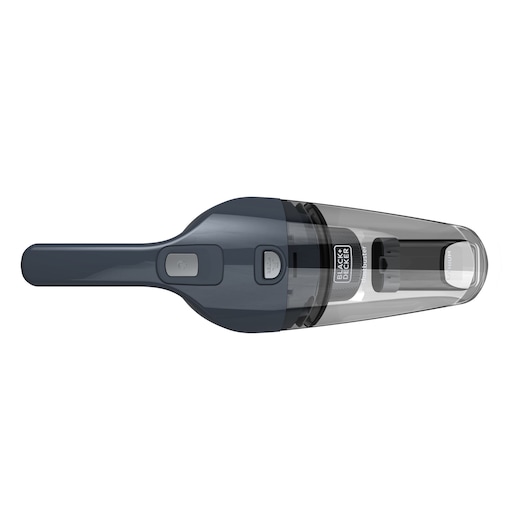 Top view of a BLACK+DECKER handheld vacuum cleaner, model NVB215WA, in a dark gray and transparent design.